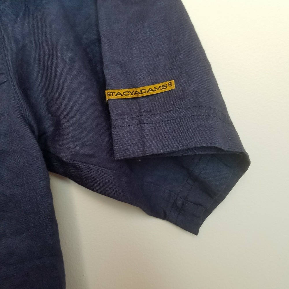 Stacy Adams Mens Button Camp Shirt LARGE Blue Ramie Short Sleeve Pocket Casual - Picture 4 of 6